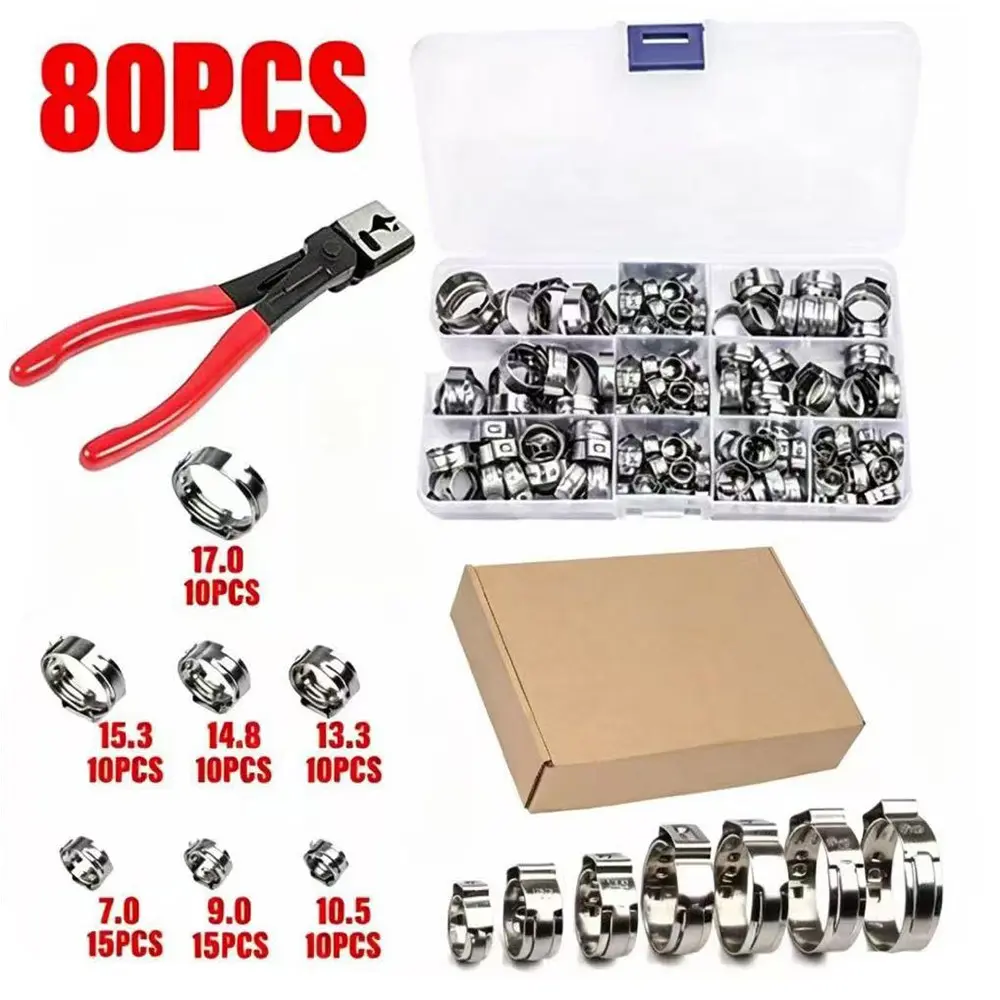 80pcs Stainless Steel Single Ear Clamps Set, Adjustable Heavy Duty Hose Clips for Pipe Fixing, Includes Special Pliers, Hardware Tools, Hose Attachment