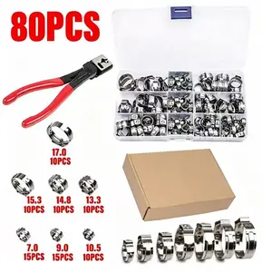 80pcs Stainless Steel Single Ear Clamps Set, Adjustable Hose Clips for Pipe Fixing, Includes Special Pliers, Hardware Tools