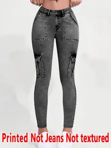 Women's Printed Tight-Fitting Pants, Non-Cowboy Fabric, Long Bottoms, Faux Cowboy Print Underwear, All Seasons Wear, Womenswear