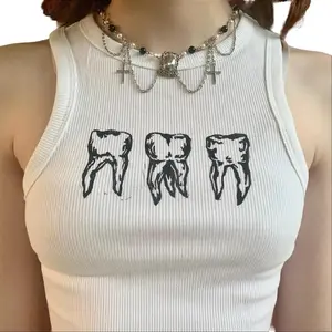 Funny Tooth Micro Rib Tank Sleeveless Baby Tee, Cheektooth Cropped Tank Gym Top Womenswear, Aesthetic Baddie Outfits Casual Streetwear