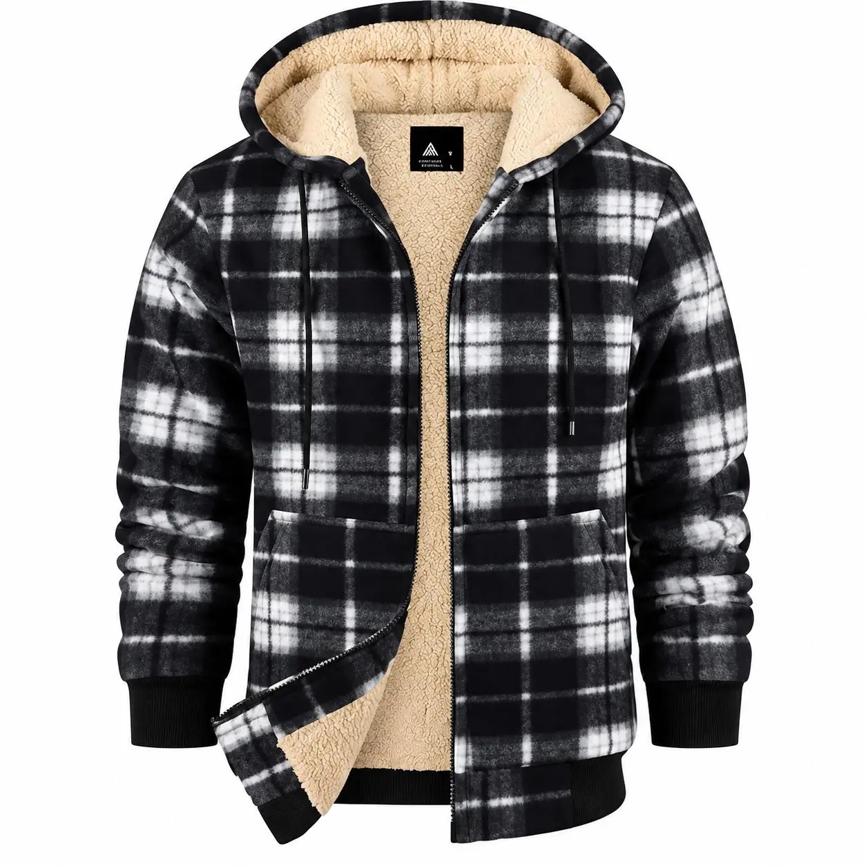 ZITY Mens Sherpa-Lined Plaid Flannel Shacket - Full-Zip Hoodie with Pockets, Heavyweight Fleece Windproof Winter Thermal Workwear, Long-Sleeve Cold Weather Outerwear, Red Black Christmas Gift for BF, Mens Clothing