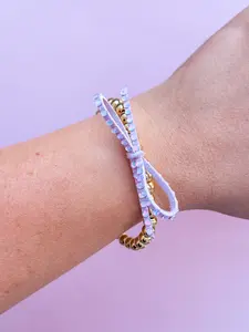 Pastel Purple Moonstone Handmade Crystal Bow Bracelet  | 14k Gold Plated Beaded Stretch Bracelet 7 inches