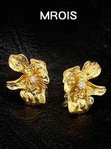 Designer Original Thick Plated 18k Gold Liquid Flower Zircon Earrings, S925 Silver Needle Ear Studs, Unique Luxury Style
