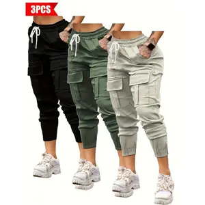 3-Pack Women's Casual Cargo Pants - Solid Color, Polyester, Non-Stretch, Sports Style with Pockets for Adults