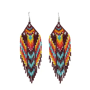 Bohemian Multi colored Beaded Earrings Creative Handmade Geometric Totem Long Fringe Earrings Color Gradient Glass Bead Accents Beaded Hook Earrings
