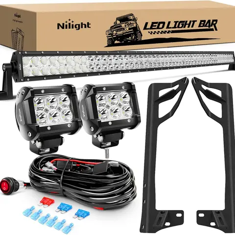 Nilight 52In Led Work Light Bar (Flood + Spot for Full View, 300W Bar Lights Dark Paths) with 2Pcs 18W 4In Spot Led Pods, Aluminum Windshield Frame Mounting Bracket for Wrangler JK 2007-2017, 45° Aim Control Off-Road Wiring Harness Car Accessory