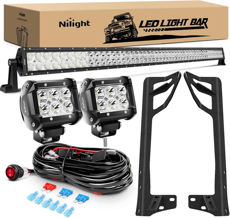 Nilight 52Inch Led Light Bar Spot Flood 2Pcs 18W 4Inch Spot LED Pods Windshield Frame Mounting Bracket on Wrangler JK 2007-2017 with Off Road Wiring Harness- 3 Leads Car Accessories  dealsforyoudays