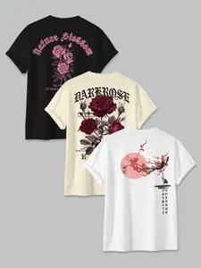 Floral & Gothic Aesthetic Graphic Fitted T-Shirt 3-Pack - Dark Rose & Sakura Print Casual Tees