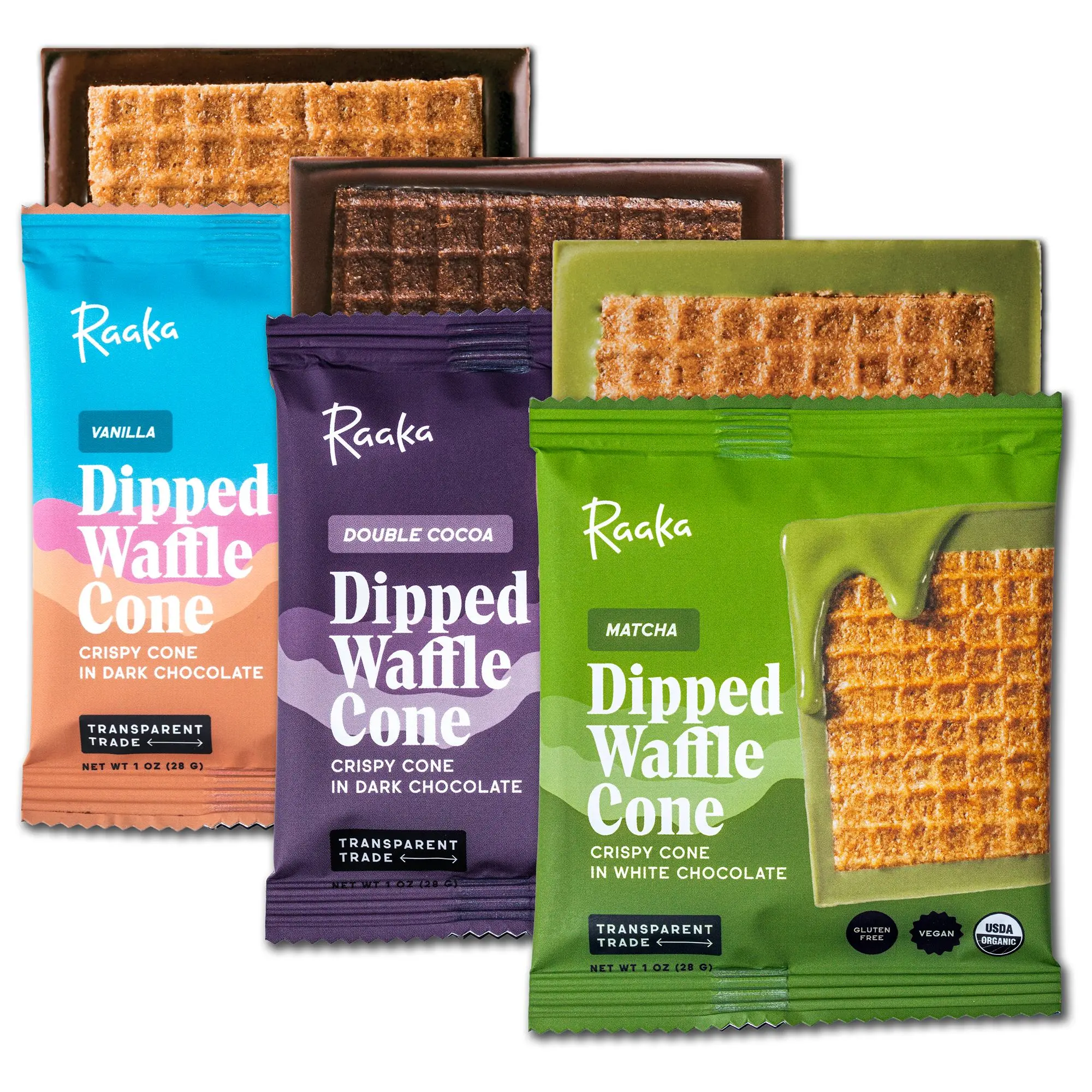Chocolate Dipped Waffle Cone - Sampler 4-Pack, Vanilla, Double Dark, Matcha Vegan White Chocolate
