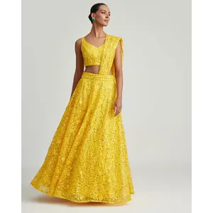 Seema Lengha Set – Golden Yellow with Sequin & Threadwork Embroidery, V-Neck Blouse, Detachable Dupatta, Skirt with Hidden Hook Closure & Bottom Cancan – True to Size