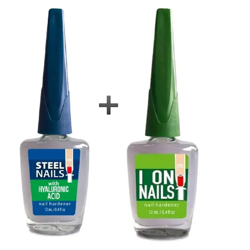 (Duo Pack) Steel Nails & I On Nails 12ml Each Hardener Set for Stronger Softer Nails with Calcium Keratin Hyaluronic Acid & Garlic for Nail Health Uñas de Acero Manicure
