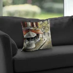 212 MAIN Poly Twill Weave Soft Cozy Throw - 14x14 in Lightweight Fabric, Sunlit Deserted Street with Orange Trees Design, Home Decor Soft Furnishing Textile