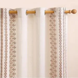 Boho Curtains 2 Panels for Bedroom Bohemian Linen Embroidered Curtains 63 Inch Length Cream Rustic Semi Sheer Curtains for Living Room Boho Drapes Grommet Window , 52x63 Beige on