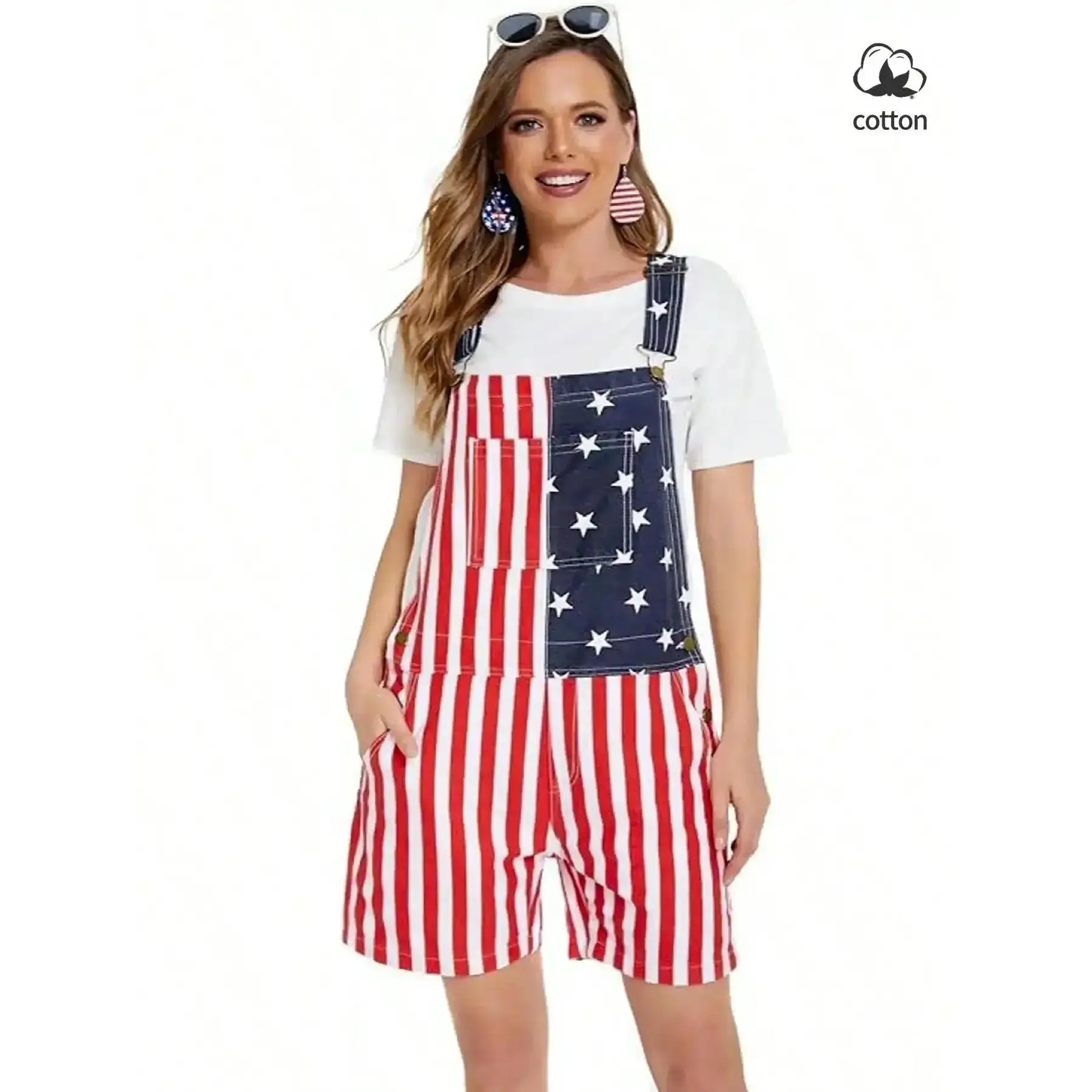 Lightweight Women's Flag Print Overalls Shorts with Pockets, Patriotic Star & Stripe Pattern, Casual Summer Party Wear, Couple Style, Streetwear, Independence Day