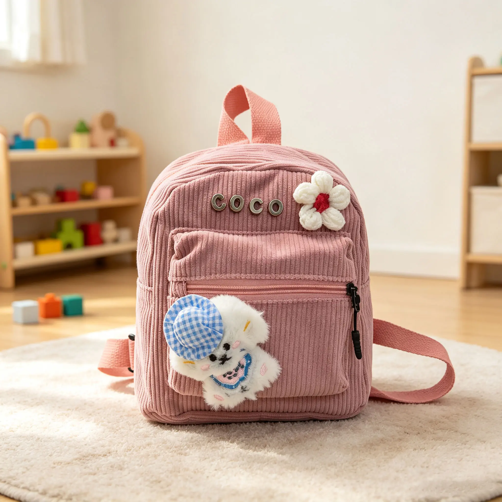 Custom Corduroy Mini Backpack with Name Embroidery - Personalized Female Storage Bag, Playful Flower Decor, Compatible with Mini Ziplock Baggies, Birthday Gift Ideas for Daughters, School Use