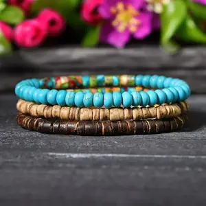 Sea Sediment Jasper Stretch Bracelet with Turquoise and Wood, Natural Gemstone Beads Bohemian Jewelry