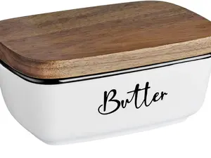 Butter Dish with Lid, Large Ceramic Butter Dish with Lid for Countertop, Butter Keeper with Thick Acacia Wood Lid