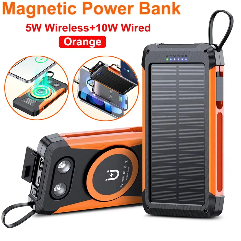 >20000mAh Magnetic Solar Power Bank, Wireless Charger with Dual Flashlight, Built-in Cables, External Battery Charging Solution for iPhone 17/16, Samsung S24/S23/S22 – Solar Gadgets to Never Run Out of Battery, Fast Charging