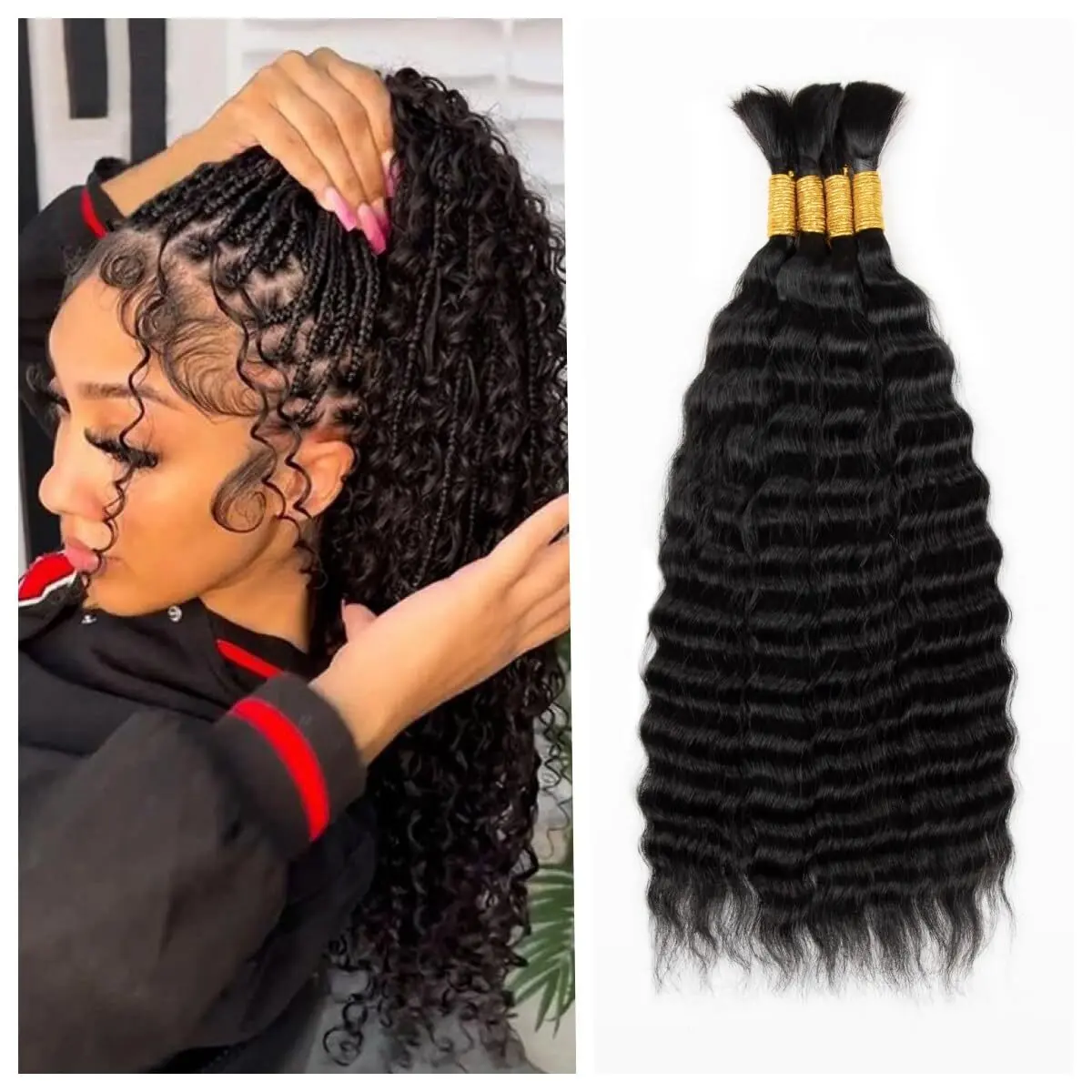 TOPBULK Super Wave Human Braiding Hair Wet and Wavy Braiding Human Hair Super French Bulk Human Hair For Braiding No Weft 100g (1Pack-4PCS) Boho Hair For Braiding (Natural Black 24 Inch)