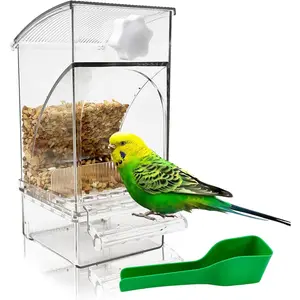 No Mess Bird Feeder Automatic Transparent Acrylic Parrot Seed Food Container with Perch Bird Cage Accessories for Parakeet Finch Lovebirds Budgies Canary