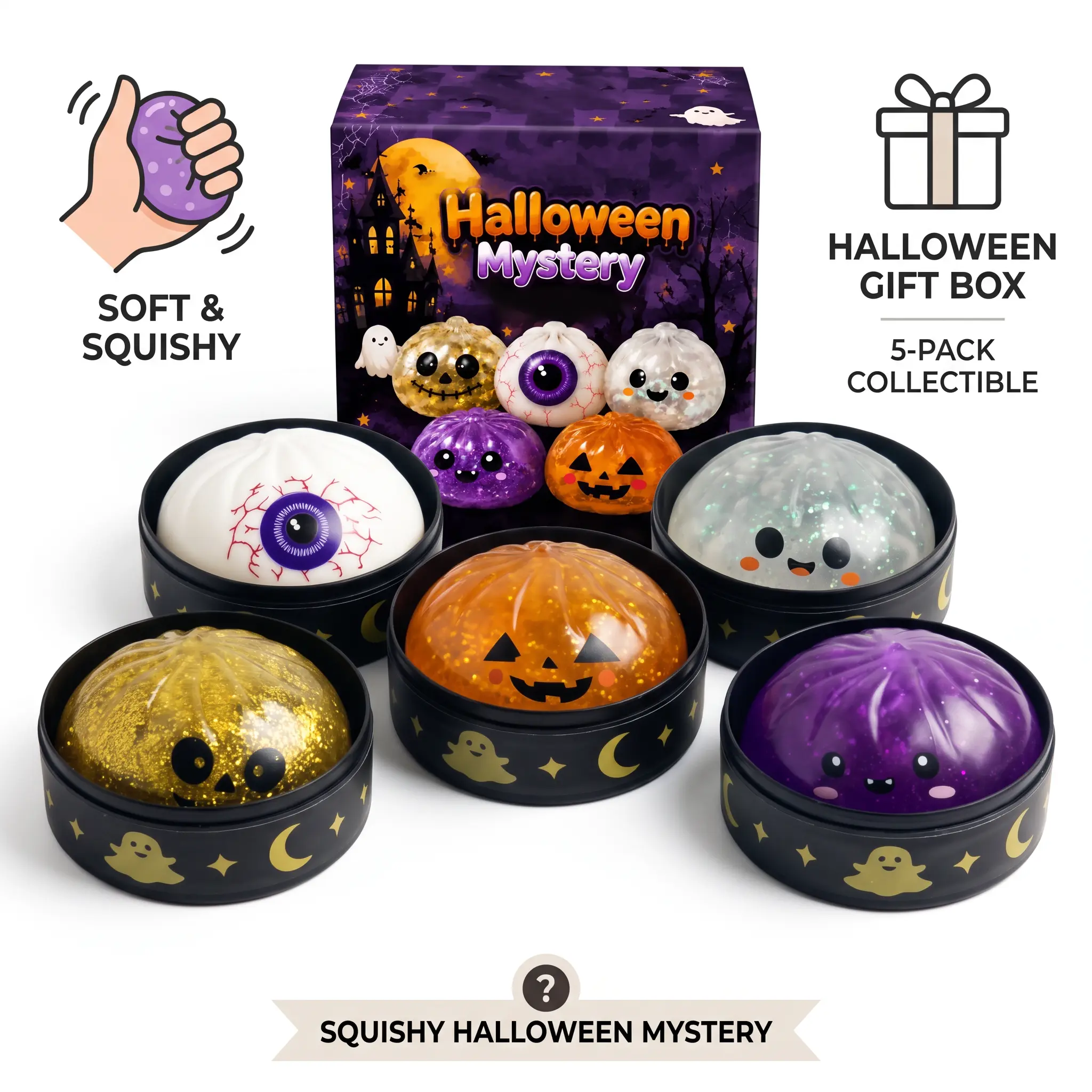 5PCS Halloween Squishy Toys Set, Cute Pumpkin Sensory Stress Relief Fidget Toys, Soft Slow Rising Squeeze Toys for Kids Adults, Spooky Party Favors Halloween Gifts