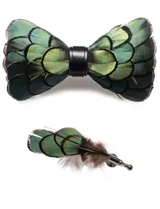 Men's Handmade Feather Pre-Tied Bow Tie and Brooch Set