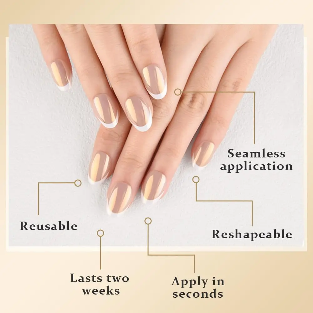 24Pcs Chrome French Tip Press On Fake Nails Short Ovale, Wihte Tip