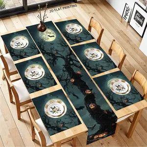 2D flat printing, 1 piece/4 piece/5 piece set/7 piece set, Happy Halloween tablecloth and placemat set, pumpkin skeleton bat holiday indoor and outdoor dining table decoration, party kitchen and restaurant decoration