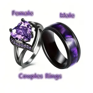 Purple Heart Couple Rings Set – Romantic Matching Rings for Engagement, Wedding & Valentine’s Gift