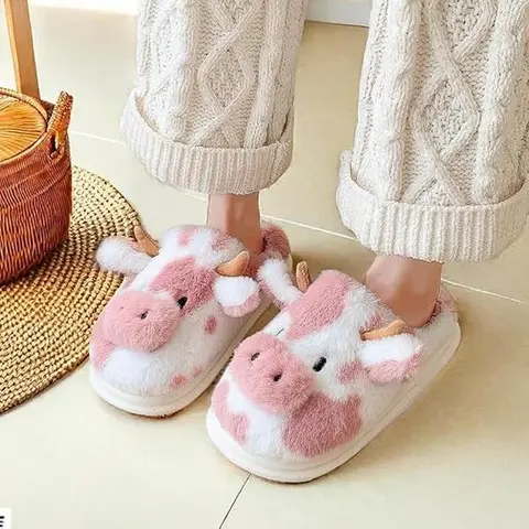 Women's Soft Fluffy Fuzzy House Shoes - Unisex Casual Slipper Shoes, Cow/Puppy Head Plush Cotton Cartoon Animal Design, Fashionable Synthetic Indoor-Outdoor Footwear