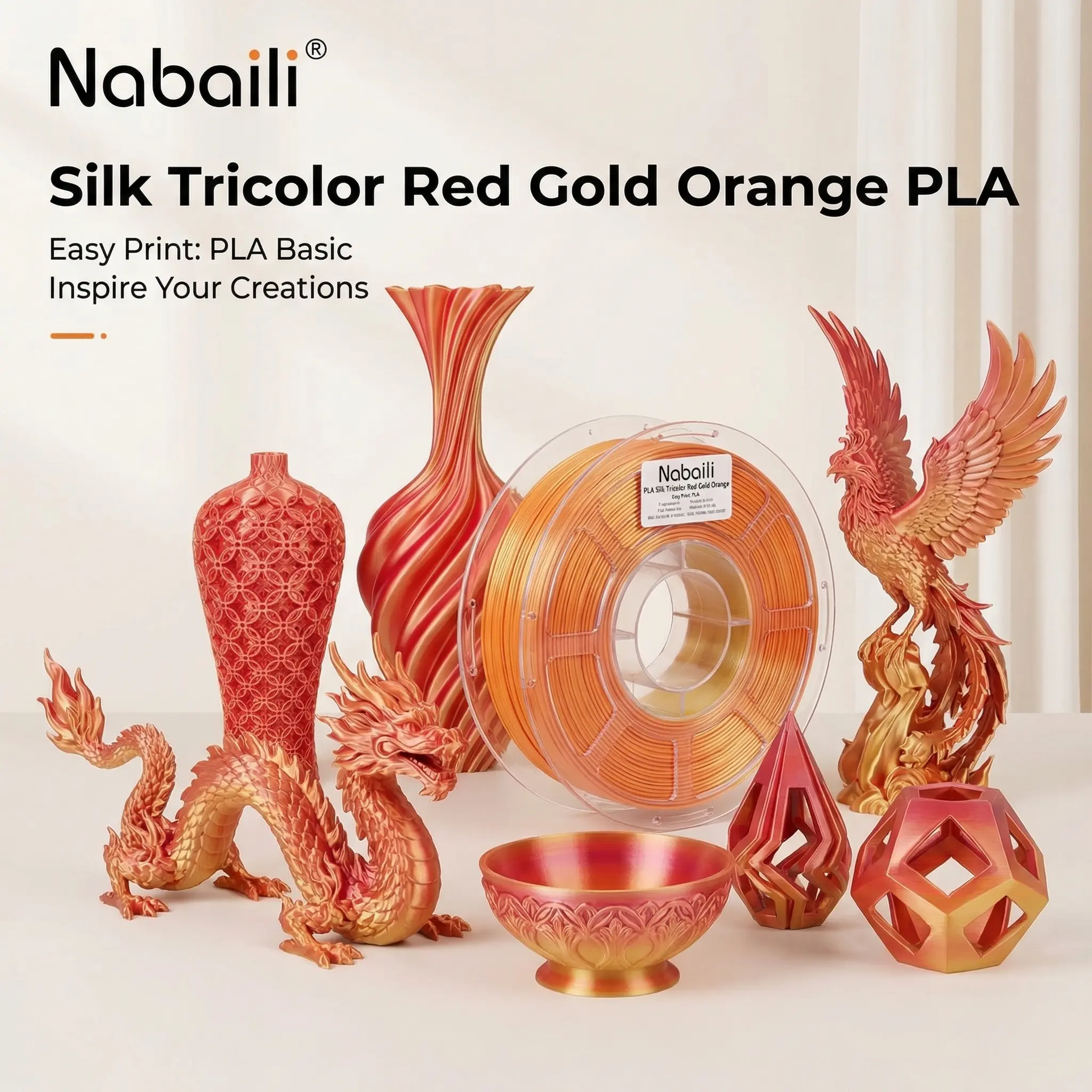 NABAILI Silk Tricolor Red-Gold-Orange PLA Filament - Silk Finish, Easy-Print Fused Deposition Modeling 3D Printing Supplies for Office Equipment