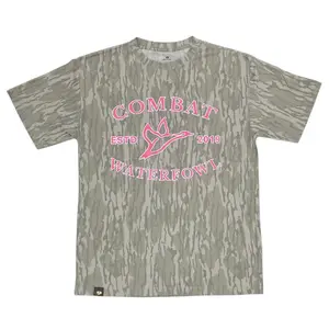 Mossy Oak Women's Short-Sleeve Round Neck Polyester Fabric T-Shirt with Pink Combat Logo Print (Bottomland Camo)