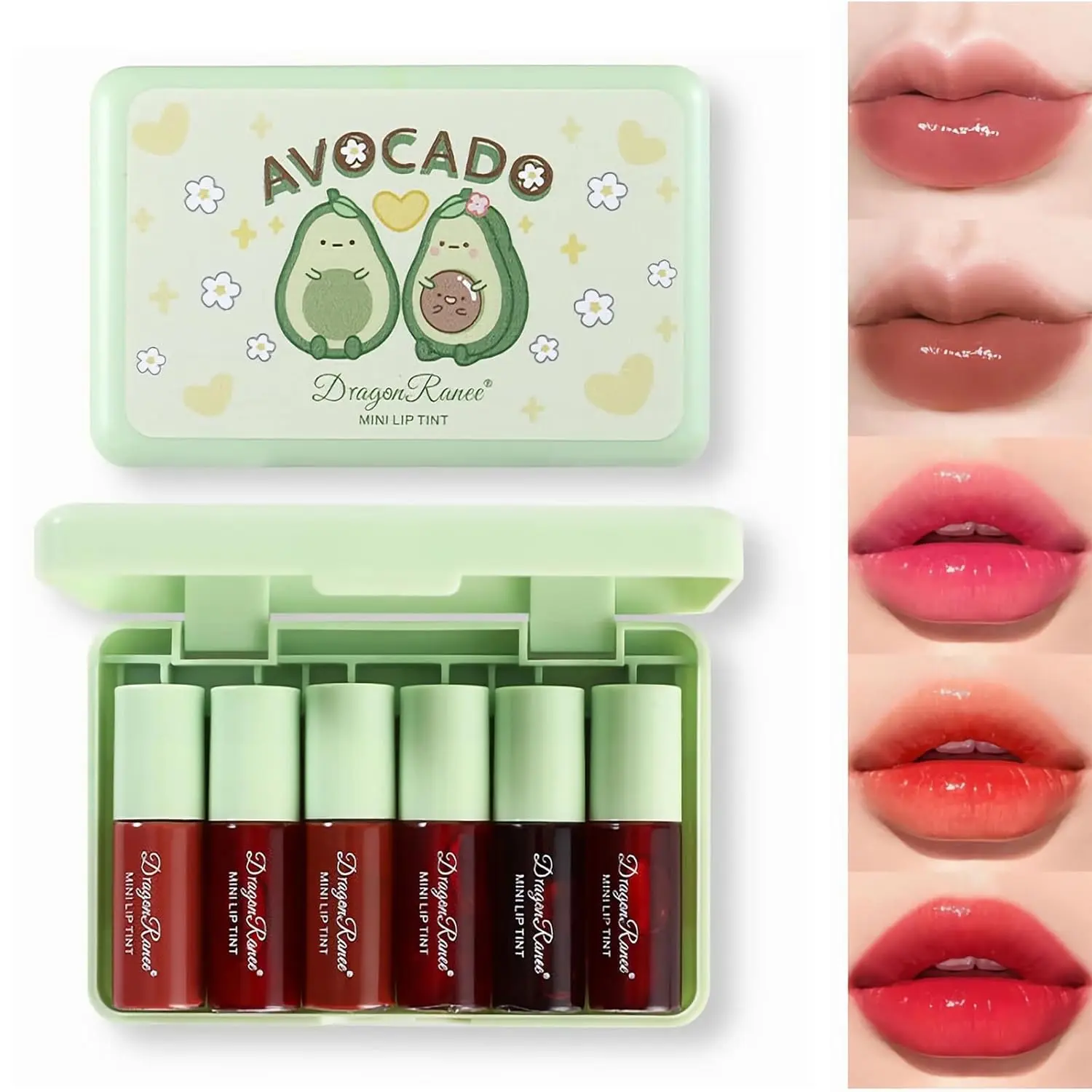 6-Color Korean Compact Cosmetic Set, Multi-Use Lip & Cheek Tint, Avocado Moisturizing Mini Liquid Korean Lip Gloss, Long Lasting Waterproof Matte for Parties