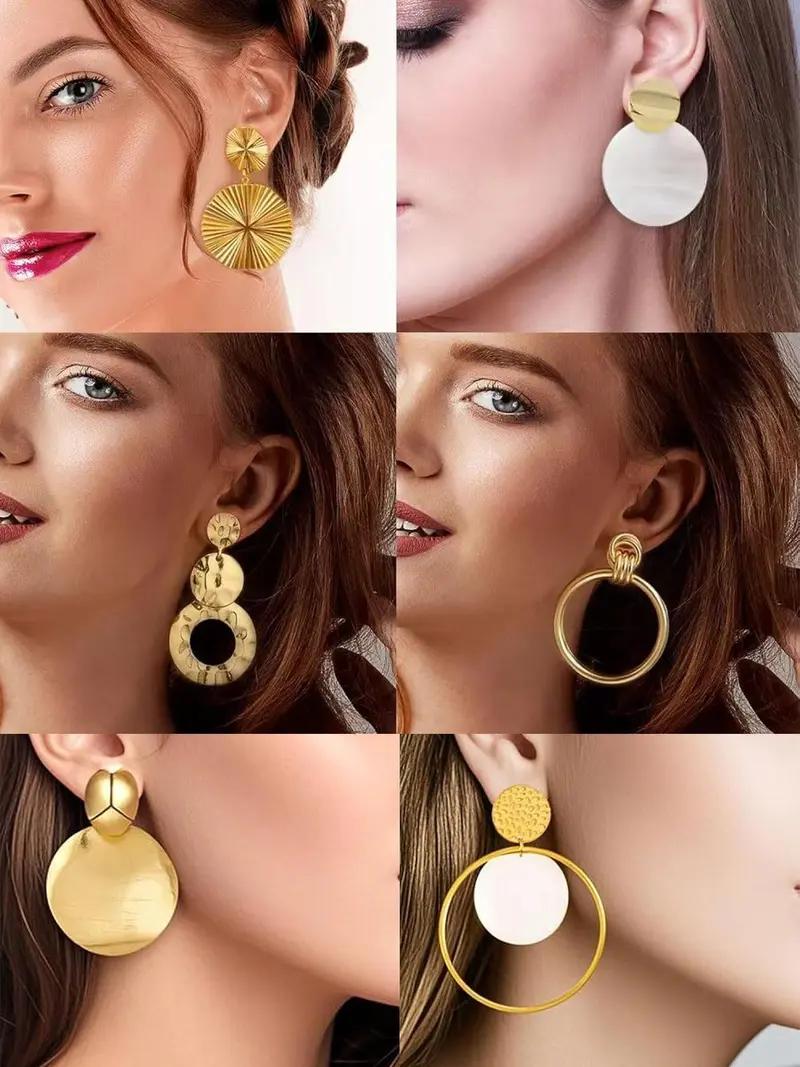 11 Pairs Big Disc Drop Earrings Set for Women - Golden Dangle Earrings with Round Hammered Statement Design, Versatile Everyday & Party Jewelry