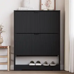Shoe Cabinet Storage for Entryway with 2 Flip Drawers, Black Fluted Shoe Cabinet with Open Storage, Wooden Hidden Shoe Rack Freestanding Narrow Slim Shoes Organizer for Hallway, Entrance