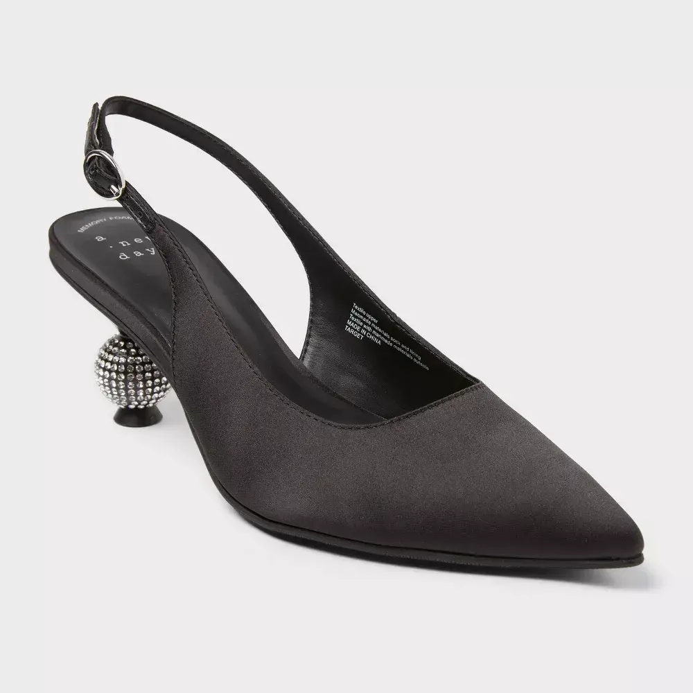 Women’s Simone Pointed Satin Rhinestone Ball Heels - A New Day, Buckle-Closure Women’s Footwear, Dress Shoe Sandals