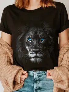 100% Cotton Lion Animal Motif Blue Eyes Artwork Lion T-Shirt