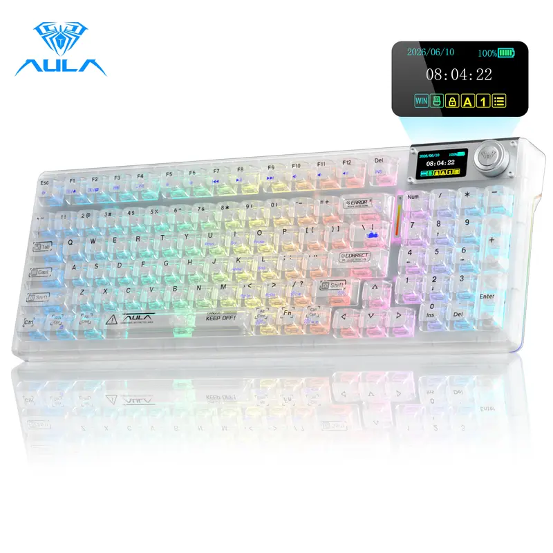 AULA F98 Pro V3 White Transparent Full-Size Mechanical Keyboard with Number Pad, RGB Lighting, 10000mAh Built-in Batteries, TFT Smart Screen & Knob, 3-Way BT/2.4G/USB-C, Hot Swap Keys, Gasket, Wireless Keyboards, Gaming Accessories, PC Accessories