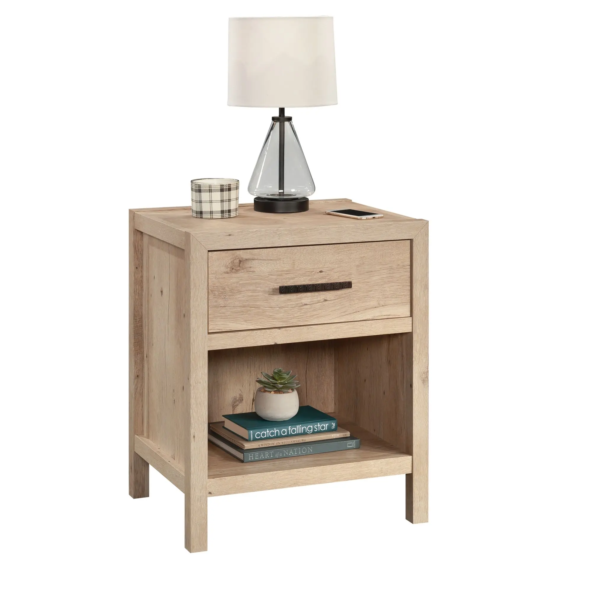 Sauder Pacific View Nightstand Table - Compact Bedside Cabinet, Storage Organizer with 1 Drawer, Open Shelf, Clean Aesthetic for Modern Bedroom, Living Space