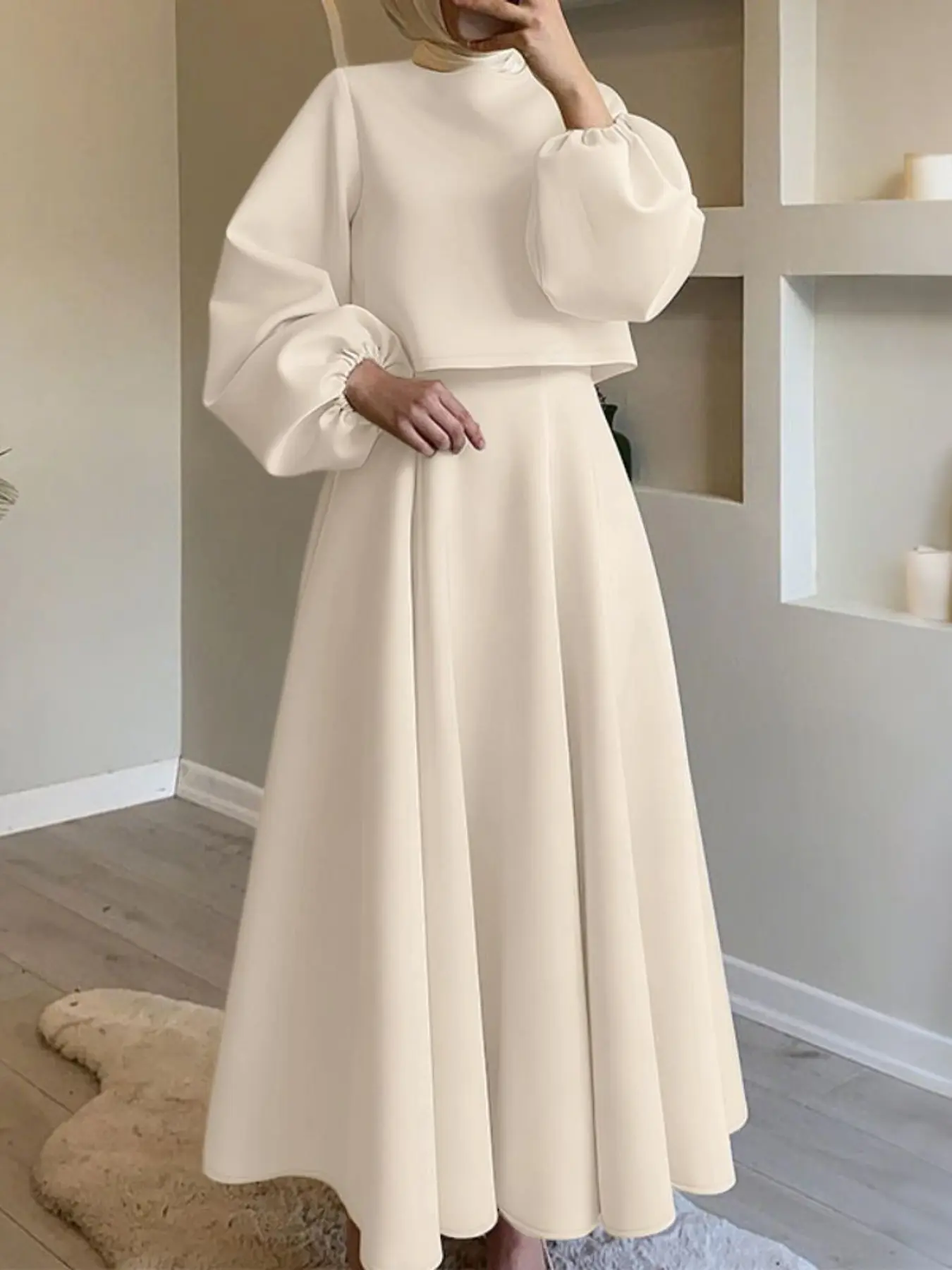Women's Round Neck Long Sleeve Lantern Sleeves Short Top + Elastic Waist Half Skirt Set, Matching Set Outfit, Matching Clothing Set, Casual Commuter Two-Piece Outfit Sets Women
