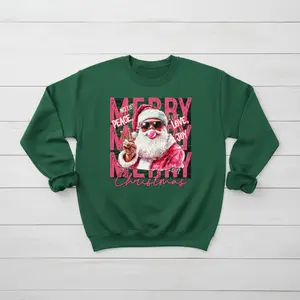 MERRY MERRY CHRISTMAS Pink Santa Sweatshirt - Funny Retro Bubble Gum Santa Crewneck - Cool Santa Sunglasses Peace Sign Holiday Jumper - Women's Christmas Gift