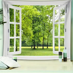 1 piece, green forest landscape tapestry, large wall hanging decoration, home backdrop for living room and dormitory, no installation required, indoor use, woven polyester, natural theme pattern for restaurant