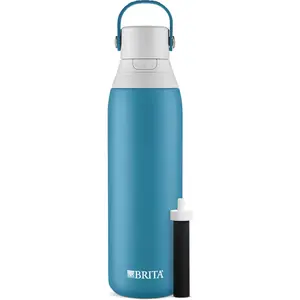 Brita Insulated Filtered Water Bottle with Straw, Reusable, Stainless Steel Metal, Blue Jay, 20 Ounce