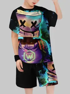 Marshmallow Style Kids Sportswear Set, Breathable Casual Two-Piece, Short Sleeves & Shorts, Boys' Random Print Clothing