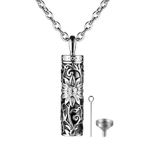 Urn Necklace for Ashes: Men Women Sunflower Cylinder Cremation Keepsake Stainless Steel Memorial Pendant Silver Pendants Jewelry