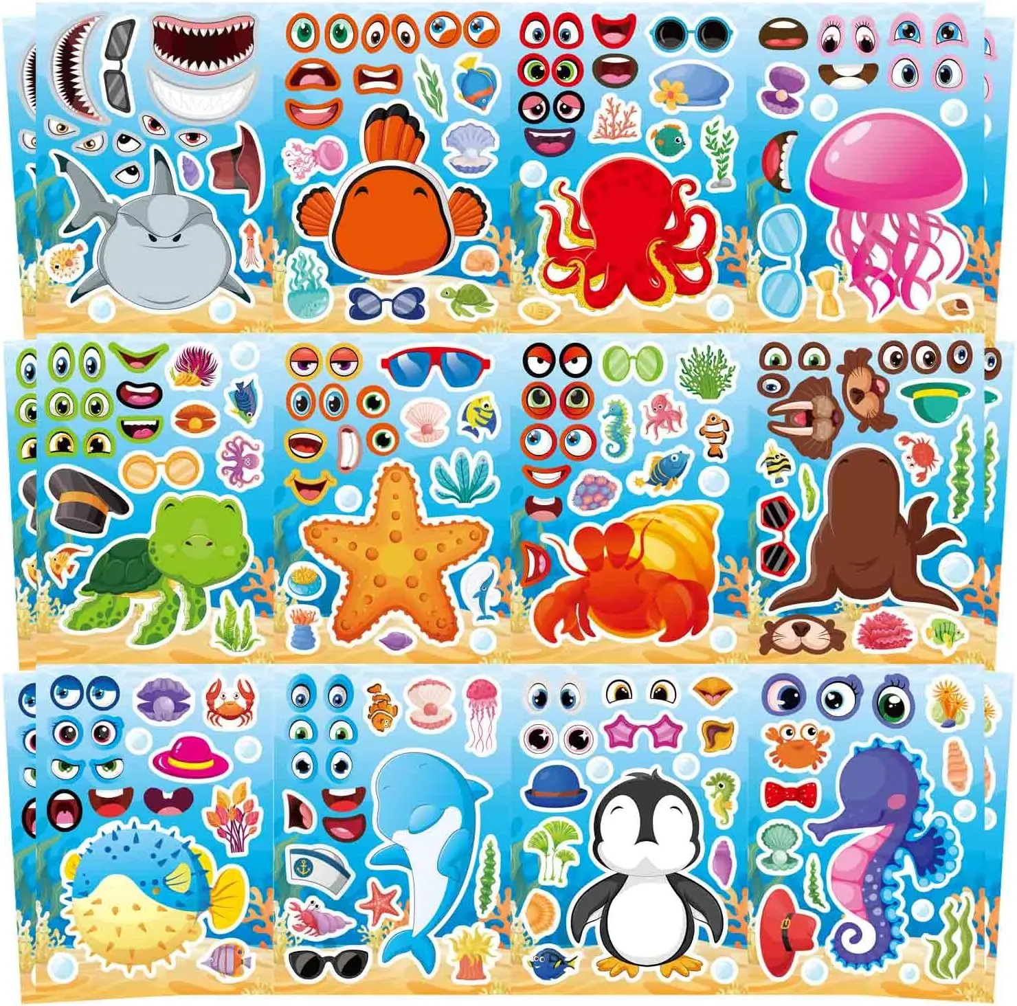 24PCS 8.26"x5.9" Ocean Stickers for Kids, Make Your Own Sea Animal Mix and Match Sticker Sheets, Make a Face Stickers, Summer Sticker for Kids 3-5 Birthday Party Favor, Teacher Reward