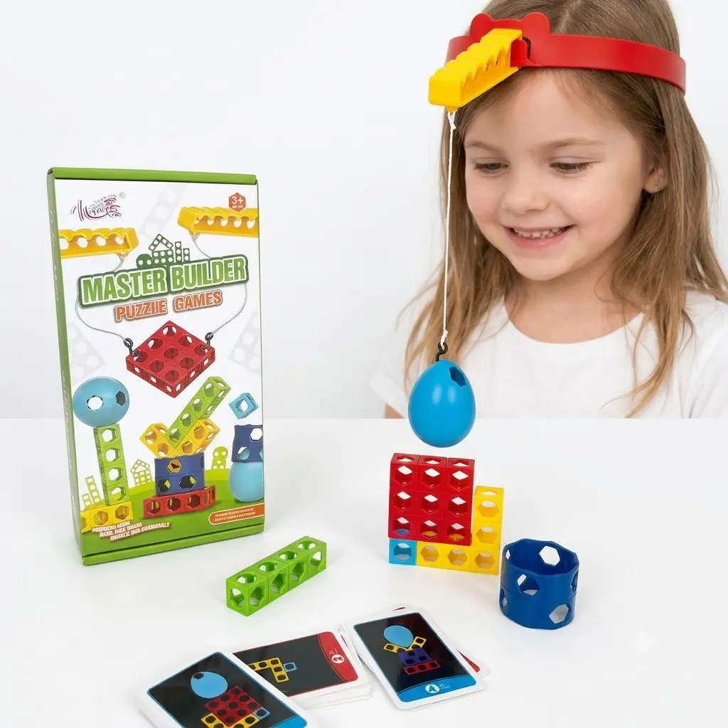 Head Mount Block Stack Balance Challenge Board Game - 1-4 Players, 2-Player Shared Hook for Teamwork, Card-Included Parent-Child Interactive Toy, Ideal Birthday Gift