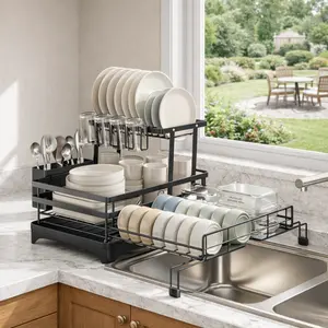 2-Tier Expandable Dish Drying Rack, Foldable Carbon Steel Kitchen Counter Organizer with Pull-Out Drainboard, Space Saving Design