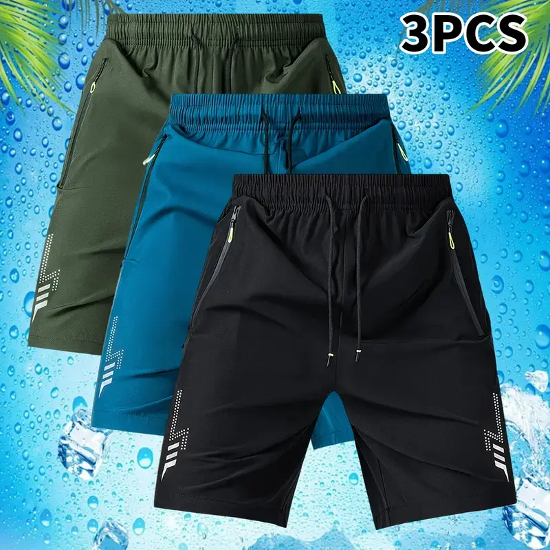 Men’s three-piece athletic shorts set featuring zippered pockets and a drawstring design—stylish summer fitness beach running training shorts Breathable Solid Color Zipper daily, Men’s Shorts, Comfy Breathable Shorts, Drawstring Waist Shorts