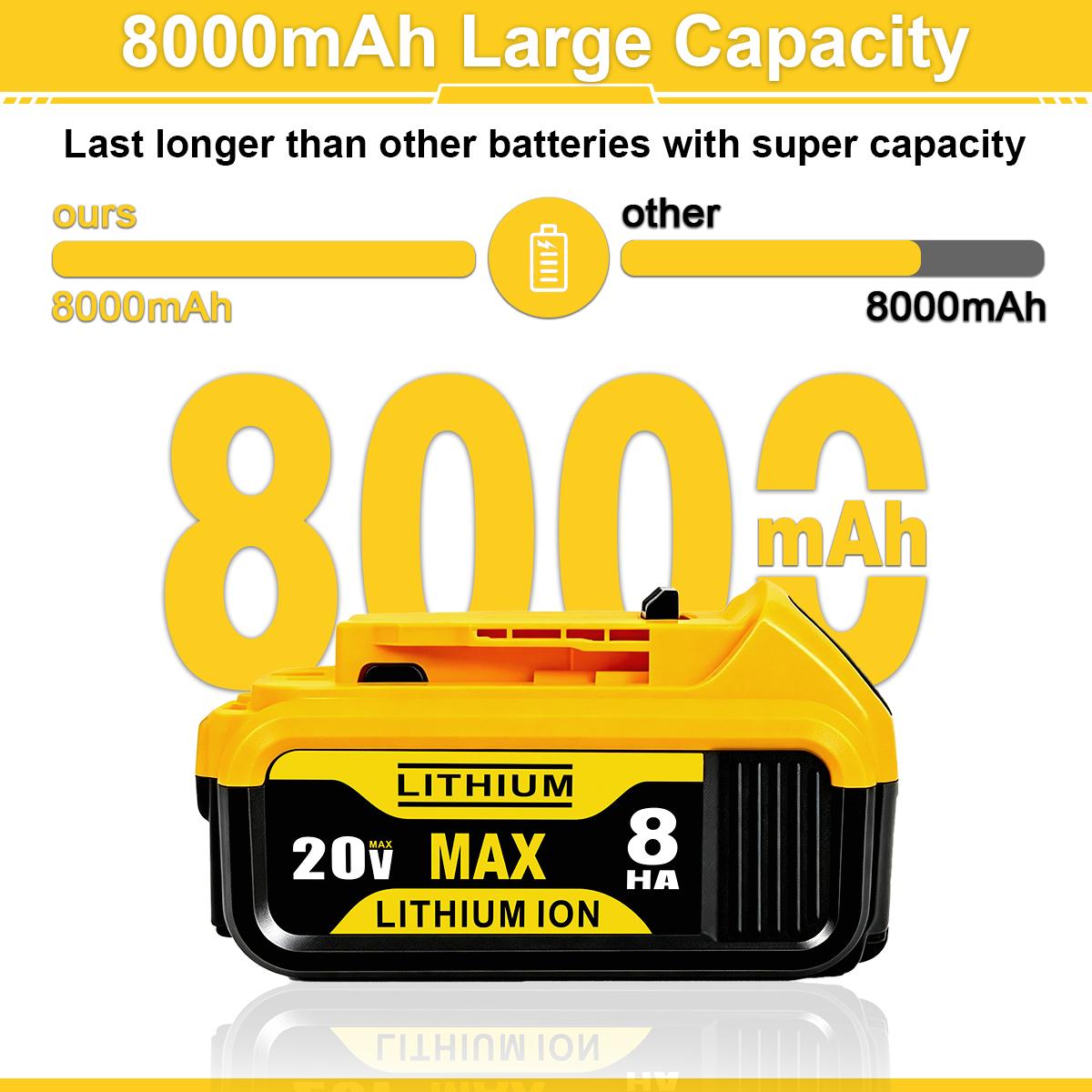 6-Pack 8.0Ah MAX XR Lithium Battery Replacement for Dewalt 20V Battery Lithium-ion DCB200DCD/DCF/DCG/DCS/DCB204/DCB203/DCB182/DCB201/DCB200/DCB180/DCB181 Series dewalt batteries